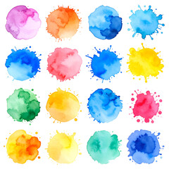 Colorful watercolor splatters on transparent background creating vibrant design elements