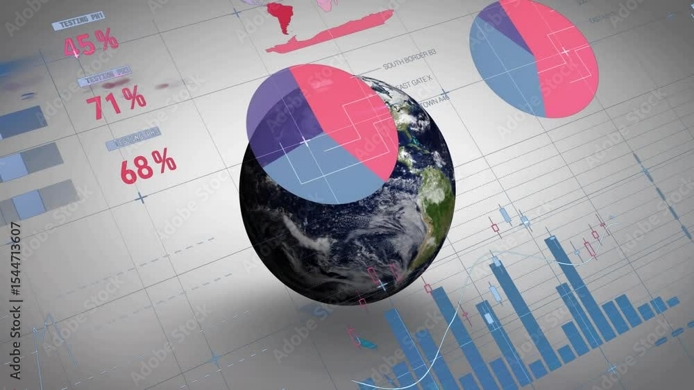 Poster table on grid plane initiating globe rotating, bars rising, gauges and charts forming analytics