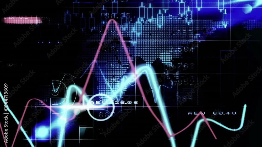 Poster interface loading initiating neon blue and pink lines undulating across dashboard, marking peaks