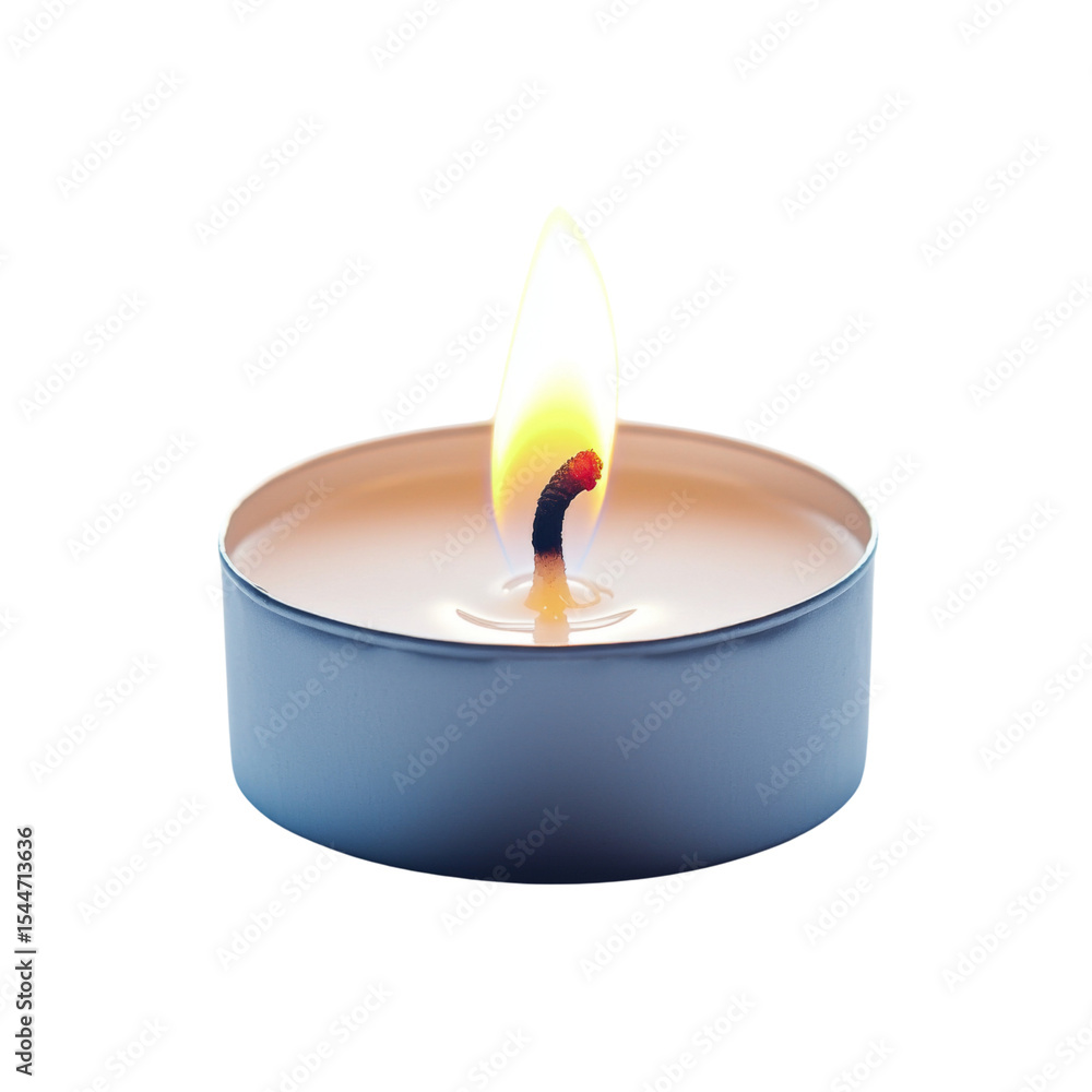 Poster lit candle with vibrant flame, resting in metallic holder, creates warm and inviting atmosphere. sof