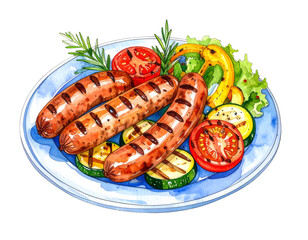 Grilled sausages with vegetables on transparent background watercolor painting