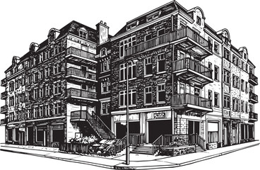 Detailed Architectural Illustration of a Multi-Story Building at