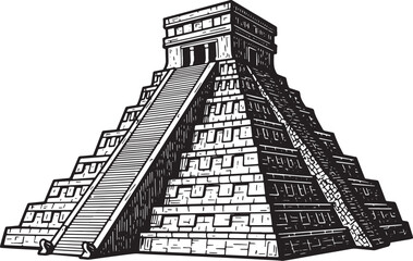 Black and White Illustration of the Mayan Pyramid Chichen Itza i