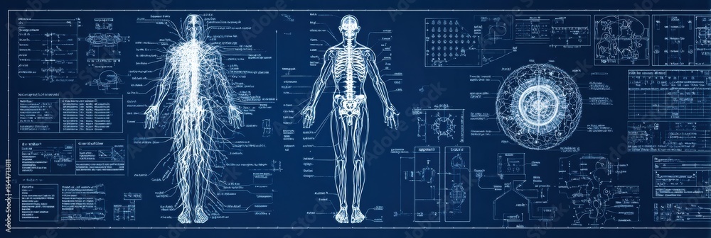 Poster nervous system blueprint layout showcasing detailed anatomical structures in a schematic representat