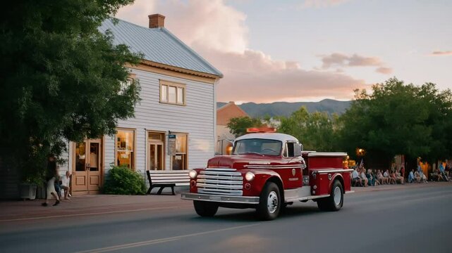 Vibrant small-town parade featuring a lively marching band and a classic firetruck.