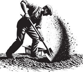 Monochrome Depiction of a Man Digging with Shovel, Earth Eruptin