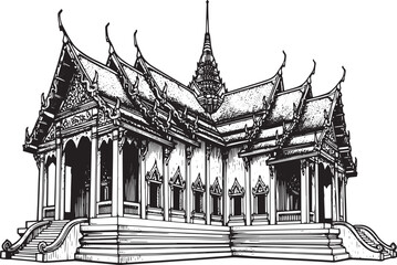 Detailed Black and White Illustration of a Traditional Thai Temp