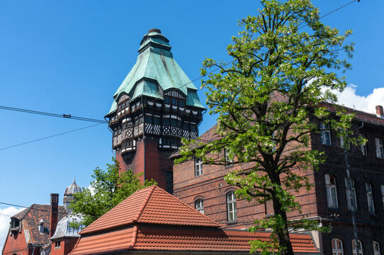 Water and chimney tower on premises of Clinical Hospital, was built in 1904. Zabrze, Poland.