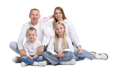 Full length portrait of happy family on white background