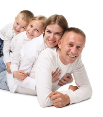 Family portrait of happy parents and their children on white background