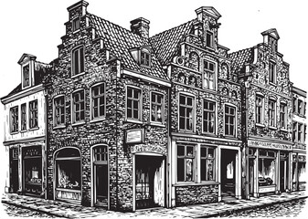 Fototapeta premium Detailed Black and White Illustration of Historic Buildings in a