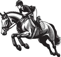 Dynamic monochrome illustration of a show jumping rider and thei