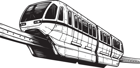 Monorail Train Illustration in Black and White on White Backgrou