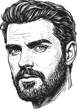 Detailed black and white illustration of a man's face with a bea
