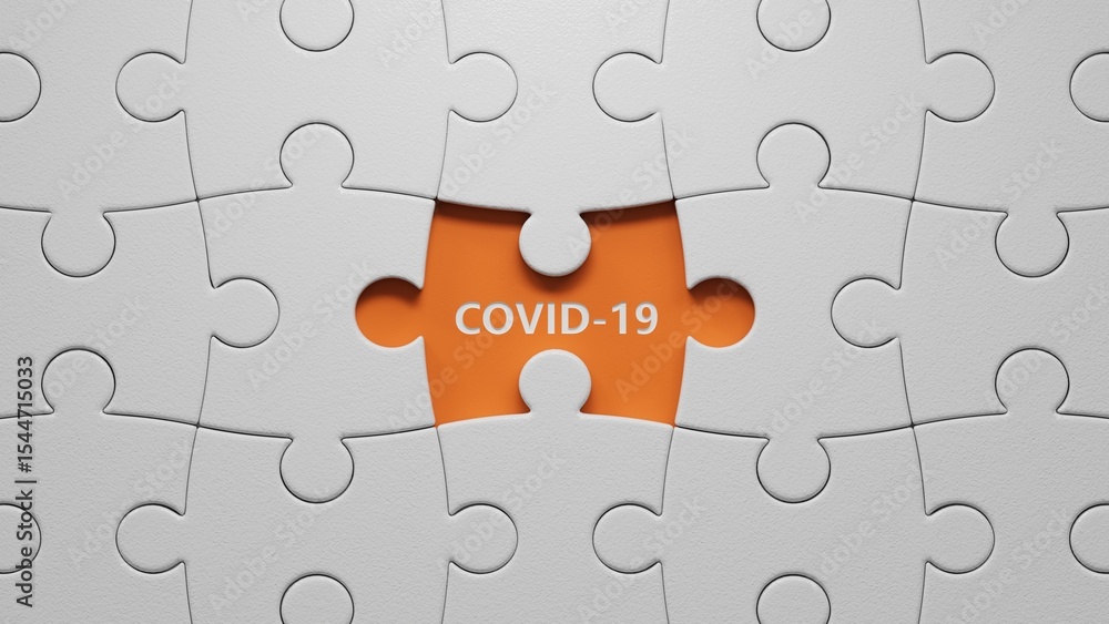 Poster covid-19. spelling.flat lay view from above on orange background with buttons