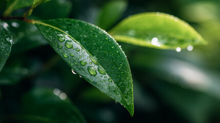 Fototapeta premium Dew on Leaf in Early Morning Macro Close-Up