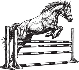 Hand-drawn horse jumping over a hurdle in a show jumping competi