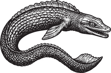 Detailed Black and White Engraving of a Sea Serpent or Plesiosau