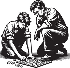 A mentor assists a student in solving a complex jigsaw puzzle, u