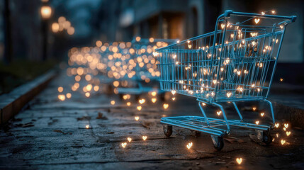 Futuristic digital artwork of a shopping cart with a glowing heart symbol, surrounded by a blue abstract network grid