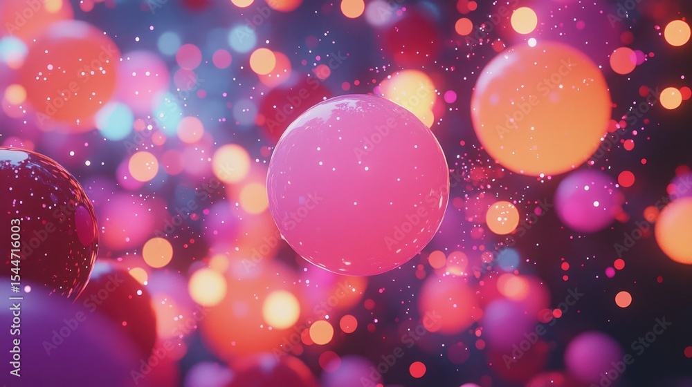 Poster dynamic colorful spheres floating in abstract space digital art vivid environment close-up viewpoint
