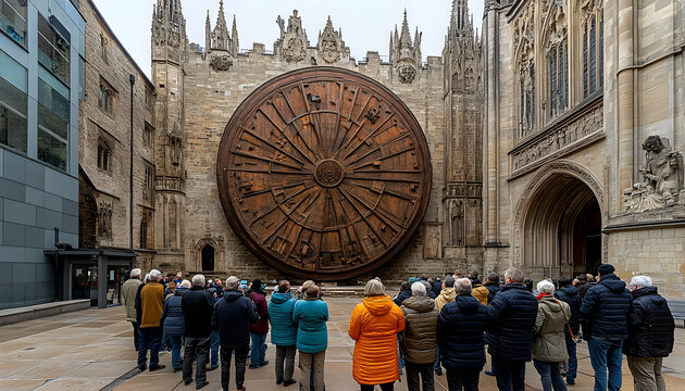 Crowd Gazing at the Colossal Wheel of Time Sculpture in front of