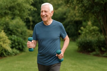 Geriatric exercise concept. Senior man exercising outdoors with dumbbells in a lush garden setting.