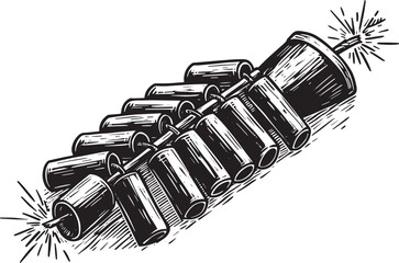 Detailed black and white illustration of firecrackers ready to e