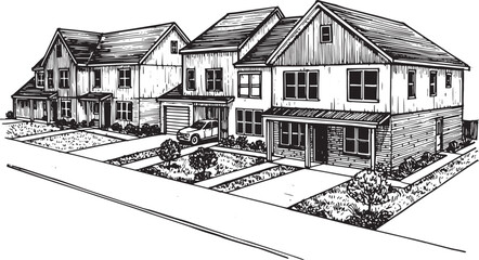 Illustration of Modern Townhouses with Driveways, Landscaping, a