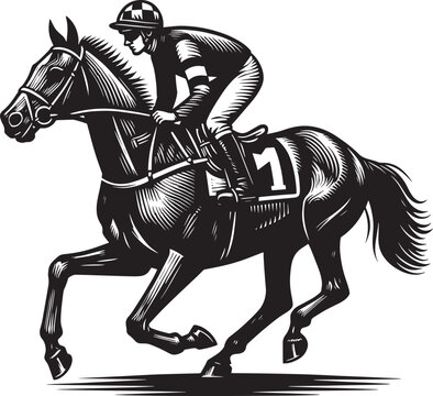 Monochrome horse racing scene showcasing a dynamic horse and joc