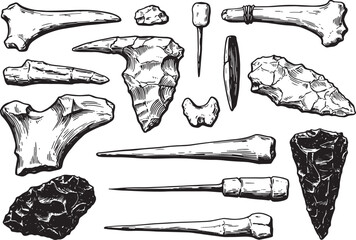 Hand-drawn illustration of ancient tools and artifacts isolated