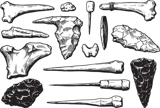 Hand-drawn illustration of ancient tools and artifacts isolated
