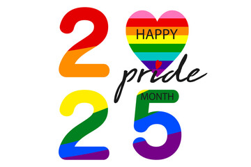 Pride month 2025 logo with rainbow flag. Banner Pride symbol, LGBT, sexual minorities, gays and lesbians. Background Love is love. Template designer sign, icon colorful rainbow isolated on white