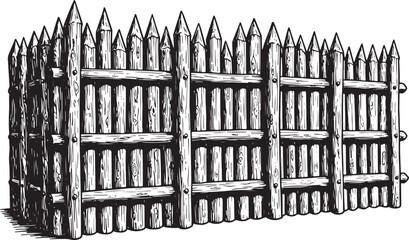 Detailed Black and White Illustration of a Wooden Palisade Fence