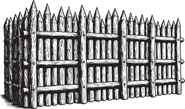 Detailed Black and White Illustration of a Wooden Palisade Fence