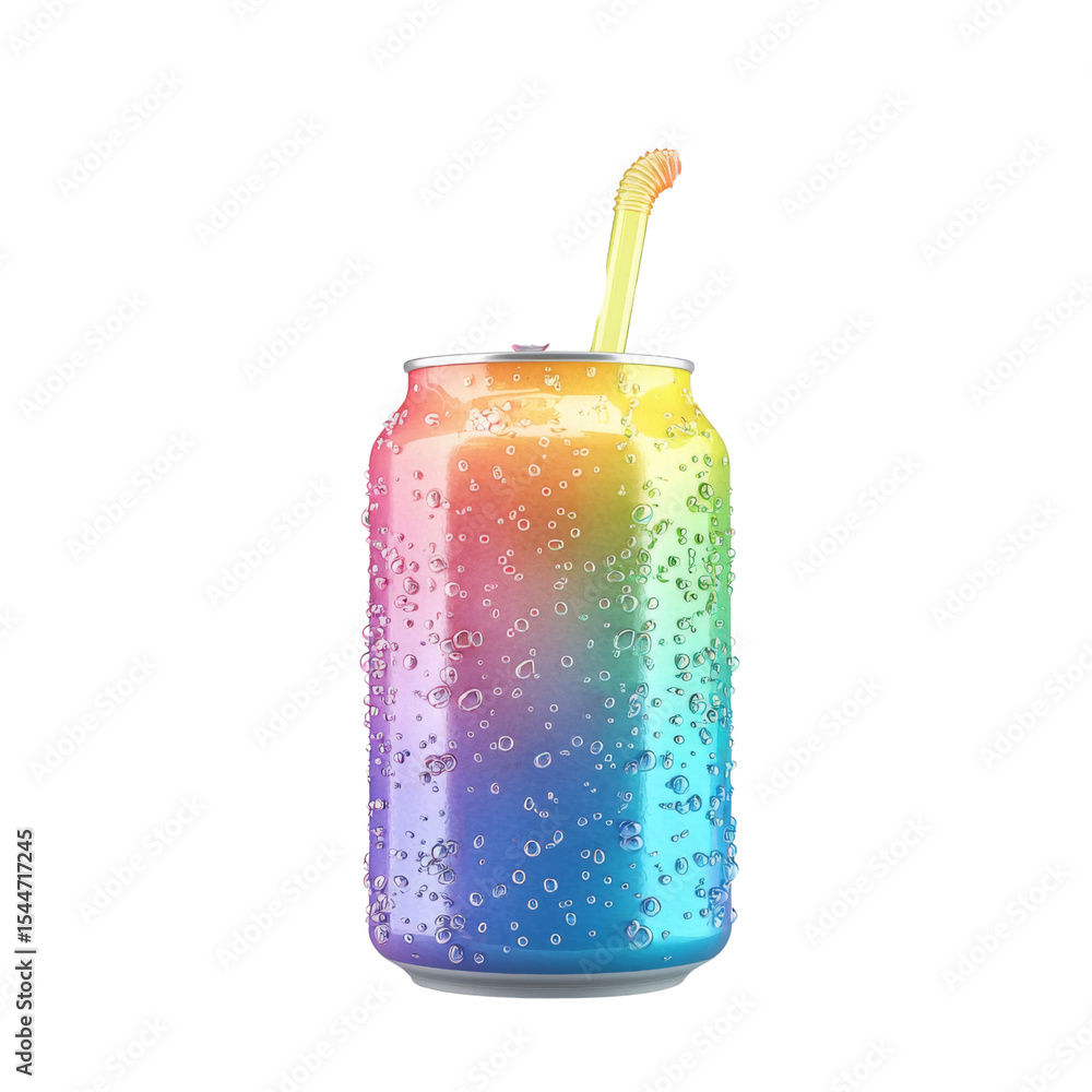 Poster colorful soda can with straw, covered in droplets, symbolizes refreshment and joy. vibrant rainbow c