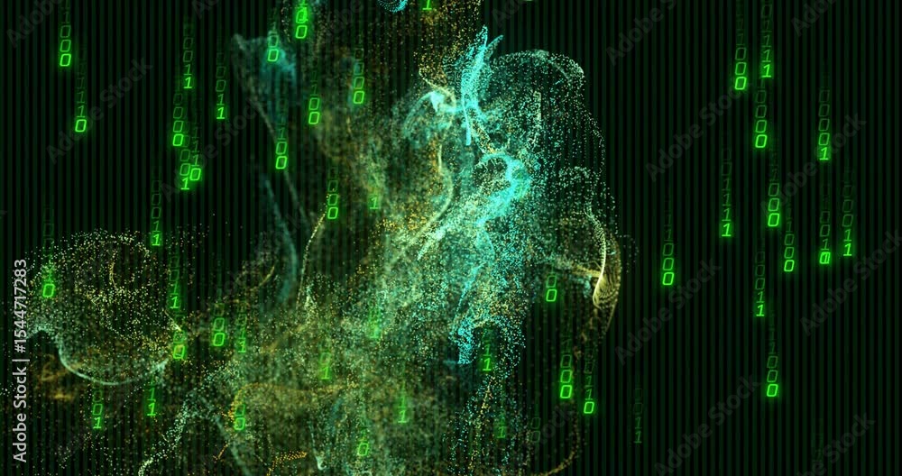 Poster emerging near lower left, teal amber particle cloud twisting upward into plume, showing data flow