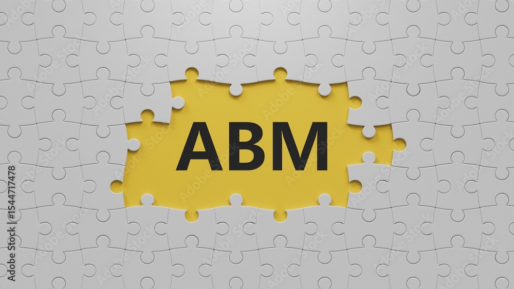 Aufkleber word abm with the white puzzle pieces with missing pieces.close up of the white puzzle pieces with m