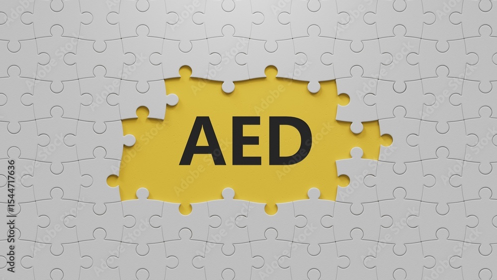 Poster the white puzzle pieces with missing pieces with aed business word.close up of the white puzzle piec
