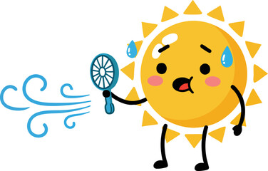 Cartoon Sun Sweating with a Hand Fan