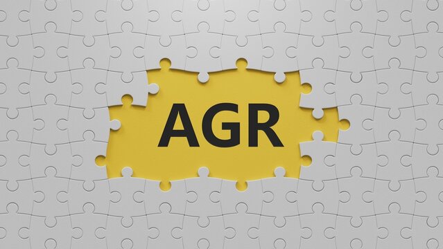 agr word on The white puzzle pieces with missing pieces.close up of The white puzzle pieces with missing pieces,Business Concept.3D rendering on yellow background.