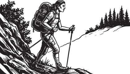 Black and White Illustration of a Woman Hiking Up a Mountain