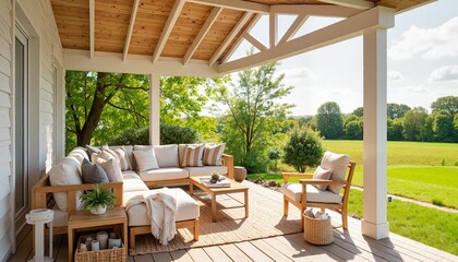 Fototapeta premium Modern outdoor living space with comfortable seating and greenery 