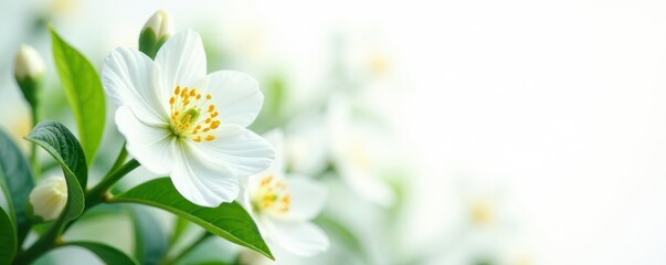 Fototapeta premium Crisp white flowers, intricate leaf details against stark white , wallpaper, simple, photography