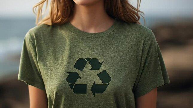 A person wearing a green t-shirt that shows recycle icon on a beach. She is showing concern about environmental conservation and sustainable living.