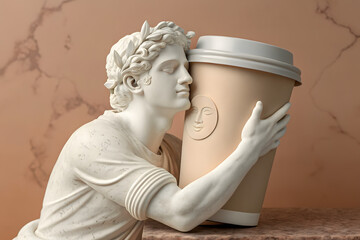 Classical marble statue hugging oversized coffee cup with serene expression on brown marble background, surreal concept