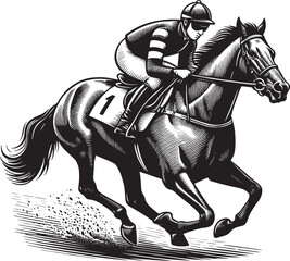 Elegant horse racing illustration in black and white vintage woo