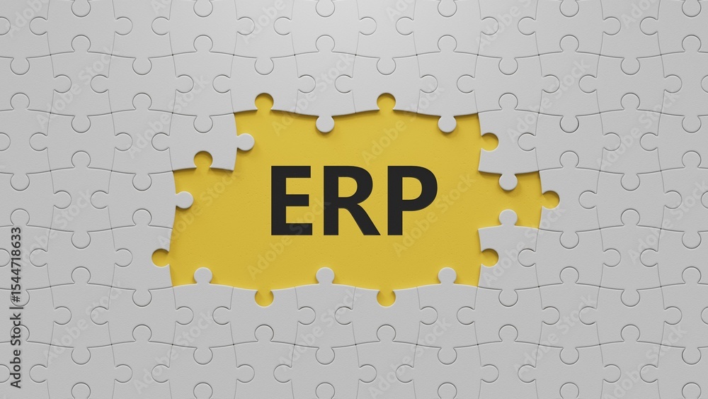 Poster the white puzzle pieces with missing pieces with erp text. financial, marketing.close up of the whit