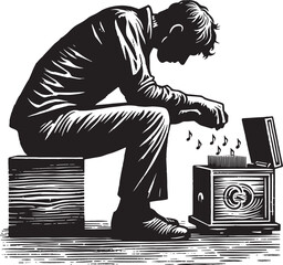 A pensive man with a nostalgic music box, captured in a woodcut