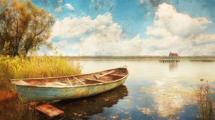Fototapeta premium Rustic Boat by Calm Lake